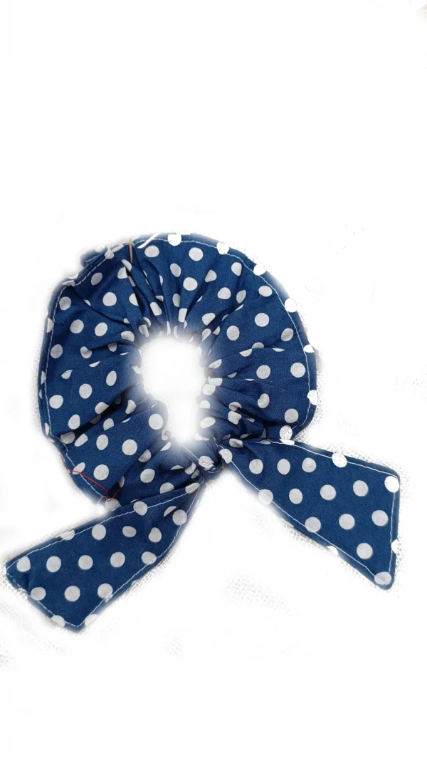 Chouchou ruban bleu jean pois blancs