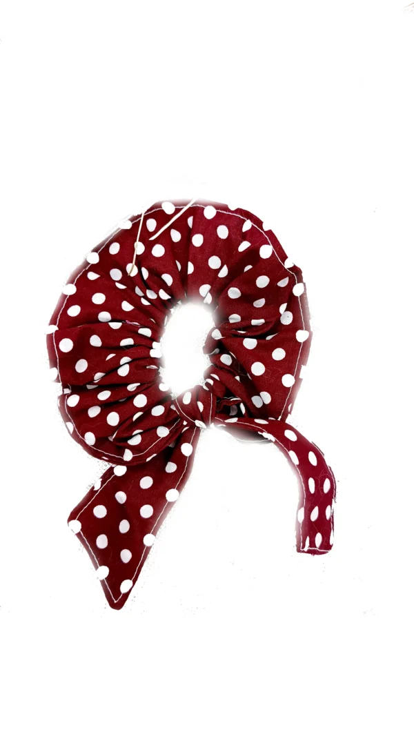 Chouchou ruban bordeaux pois blancs